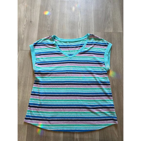 Talbots Petite V-Neck Striped Short Sleeve Top M Linen Blend Blue & Purple - Picture 3 of 7